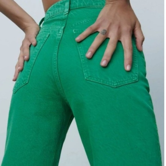 Zara Woman’s Wide Leg Raw Hem Green Jeans - Picture 9 of 10
